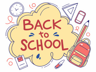 Back to school concept illustration with a modern flat design.  surrounded by school-related doodles. Bright, cheerful, and academic theme