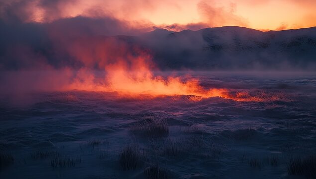 Fiery geothermal vent at dawn - Powered by Adobe