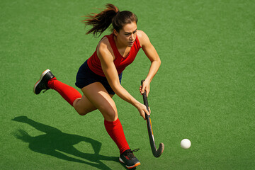 A female athlete skillfully playing field hockey on a vibrant green pitch