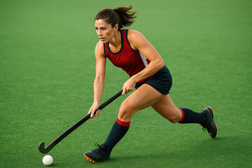 A female athlete skillfully playing field hockey on a vibrant green turf