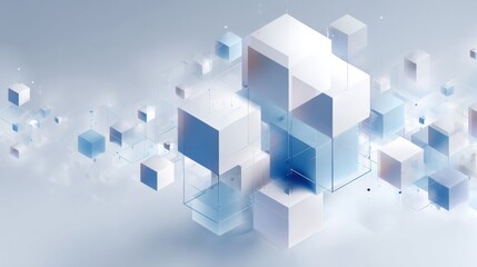 Digital abstract composition of transparent and solid cubes in light blue and white tones floating in 3D space ideal for blockchain visuals, cloud computing concepts and modern tech backgrounds