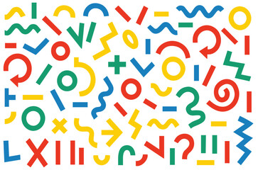 Memphis geometric seamless pattern. Multicolor abstract background in retro 80s, 90s style with various shapes: circles, semicircles, dots, zigzags, spirals, wavy lines. Cute kid doodle design, png