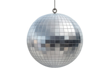 Fototapeta premium Glittering silver disco ball reflecting multicolored lights, suspended against transparent backdrop, symbolizing festive party atmosphere