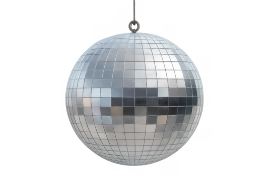 Glittering silver disco ball reflecting multicolored lights, suspended against transparent backdrop, symbolizing festive party atmosphere