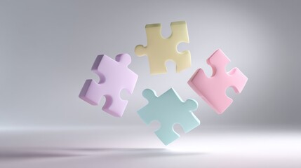 Four pastel 3D puzzle pieces floating in space on soft gradient background ideal for teamwork metaphors, connection visuals and abstract business-themed compositions