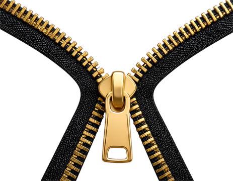 Open golden zipper on black background