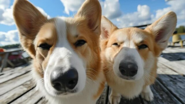 Playful corgis explore sunny lakeside dock under bright blue sky