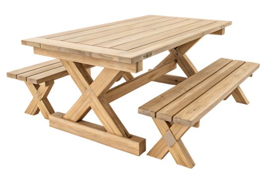 Wooden picnic table with benches on transparent background