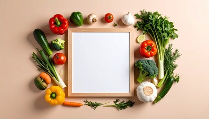 Elegant food arranged flat with fresh vegetables and blank labels, placed on a smooth wooden board