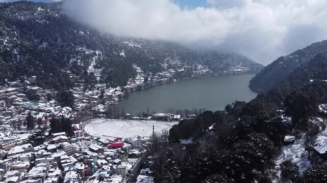 An Aerial footage of Nainital during snowfall