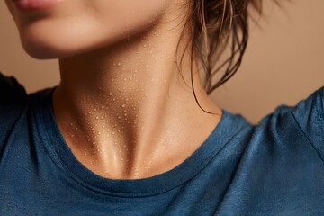 A close-up of a sweaty woman’s neck with water droplets after intense training indoors, showing moisture on skin and wet hair. Perfect for fitness, body care, or workout motivation visuals.