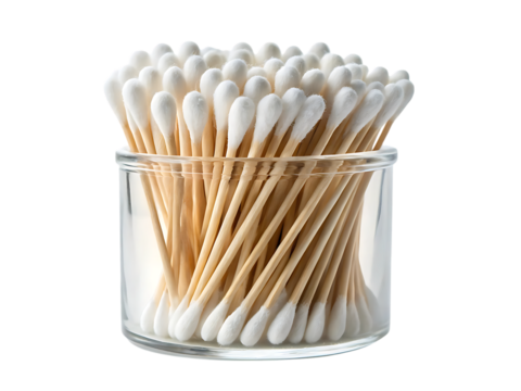 Cotton swabs in glass jar for hygiene and beauty on transparent background
