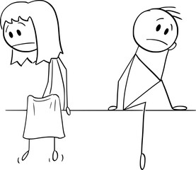 Sad or troubled couple of man and woman sitting , vector cartoon stick figure or character illustration.