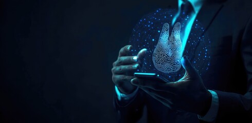 A person holds a smartphone, a holographic image of a fingerprint or similar biometric data displayed on the screen