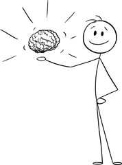 Person holding or presenting human brain or intelligence, vector cartoon stick figure or character illustration.