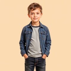 A boy with short hair standing with hands in his pockets, on a beige background
