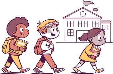 Flat cartoon school icon set with backpack books and pencils. Back to school illustration with kids and classroom elements. Education themed doodles with stationery and supplies. Colorful school time