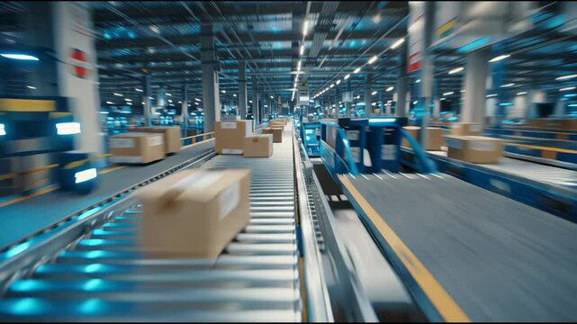 A large, state-of-the-art logistics warehouse operates with automated conveyor systems transporting packages. The advanced technology enhances efficiency in sorting and delivering goods swiftly
