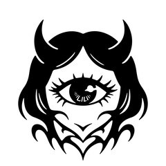 Black and white vector illustration of a one-eyed devil girl with horns, decorative design element