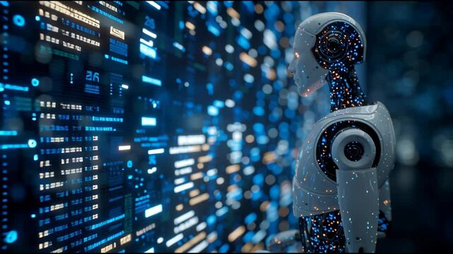 A humanoid AI robot interacts with a vibrant digital interface, scanning data within a high-tech environment. The details emphasize advanced technology and artificial intelligence capabilities