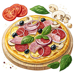 Overhead shot of a pepperoni pizza with tomato slices and basil leaves on transparent background