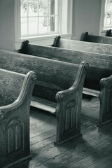 Vintage wooden church pews in a serene.