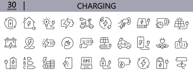 Charging line icons set with Battery, Energy, Electric, Charger, Power, Charge and more. Editable Stroke