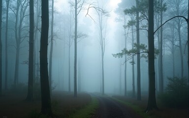 Naklejka premium Foggy morning in a forest with tall trees shrouded in a light haze. Suitable for themes about nature, ecology and morning atmosphere. High quality