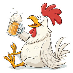 Cartoon rooster with red crest holding a beer mug with foam, white feathers, yellow beak and feet, sitting down isolated with transparent background.

