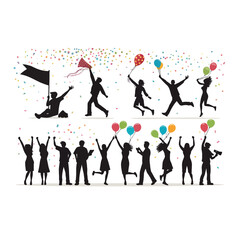 Celebration Silhouettes: A vibrant collection of diverse silhouettes celebrating joyfully, showcasing various celebratory actions against a backdrop of confetti and balloons.