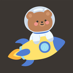Flat Style Bear Astronaut Riding Colorful Rocket in Space