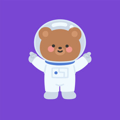 Flat Cartoon Bear Astronaut on Purple Background with Arms Raised