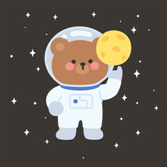 Fototapeta premium Flat Style Bear Astronaut Holding Mini Moon with Starry Space Background