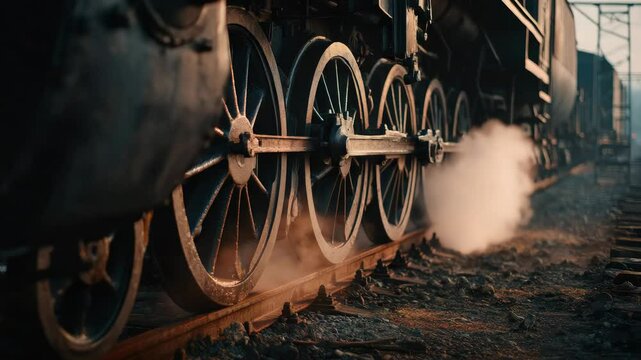 Vintage steam train wheels in motion on rustic tracks with billowing smoke