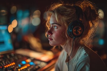 Focused Synth Artist Shapes Ambient Soundscapes Within Dimly Lit Tech Haven