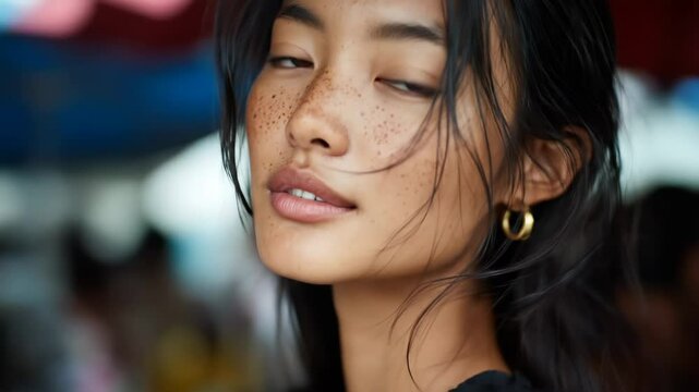 Close-up portrait of a beautiful young Asian woman with freckles, deep brown eyes, and chestnut hair. She gazes intensely into the camera with a soft blurred background.


