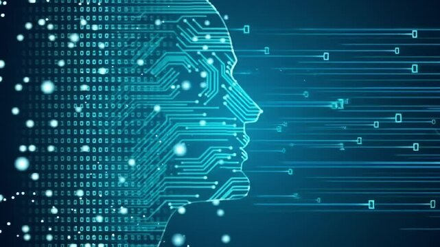 Digital Human Head Made of Circuit Lines and Binary Code