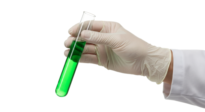 Gloved hand holding test tube with green chemical liquid isolated on transparent background