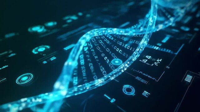 Digital DNA Helix with Binary Code and Futuristic Data Flow