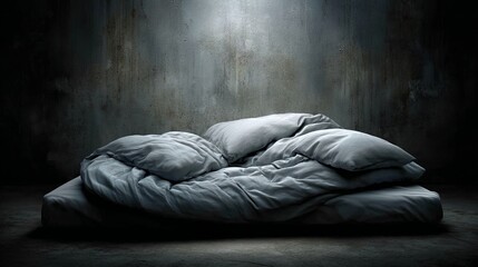 A disheveled bed with rumpled white sheets and pillows in a dimly lit room
