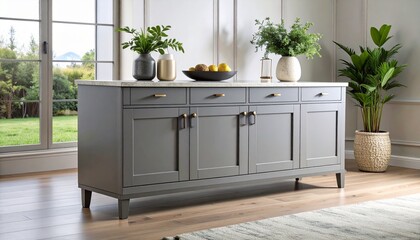 Sleek cabinet in matte stone-gray finish with minimalist footing and integrated grooves, in a soft-toned setting.