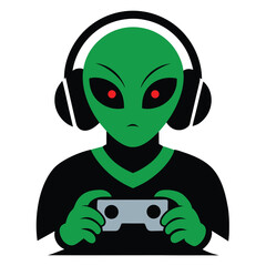 green alien robot listening music and playing video games icon isolated on white background