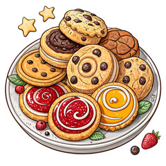 A plate full of assorted cookies, chocolate chips, cinnamon rolls, and jam-filled cookies, cartoonish style, bright colors, on transparent background
