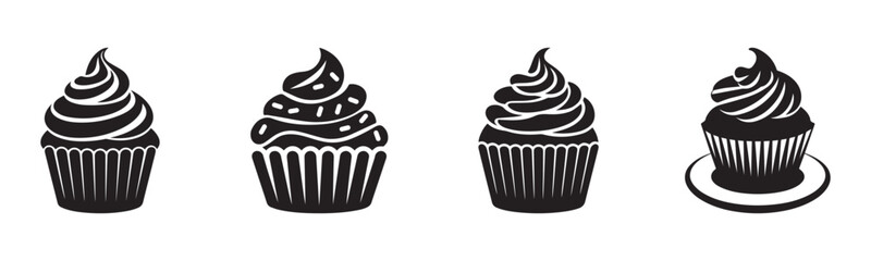 Chocolate cupcake icon vector silhouette with icing and cream on white background illustration Set Collection