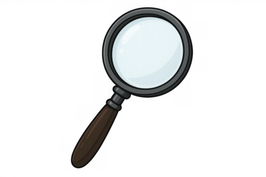 Wooden-handled magnifying glass revealing details, magnifying investigative process against transparent background