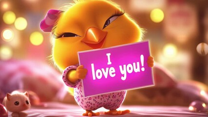 Super sweet and playful yellow chick holding an “I Love You” sign, perfect for adding charm and fun to wedding, Valentine, anniversary, or engagement couple celebrations.