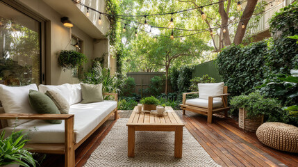 Fototapeta premium A modern small wooden terrace in a lush garden, featuring white outdoor furniture, string lights, and a green fence, seen from a house interior