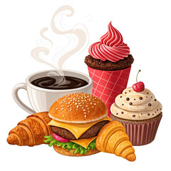 A fast food set features a cheeseburger, cheese, lettuce on transparent background