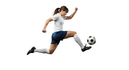 Woman Kicking Soccer Ball Mid-air with Intense Focus and Athleticism