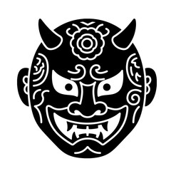 Oni mask vector illustration, Japanese demon with horns, design element in black and white